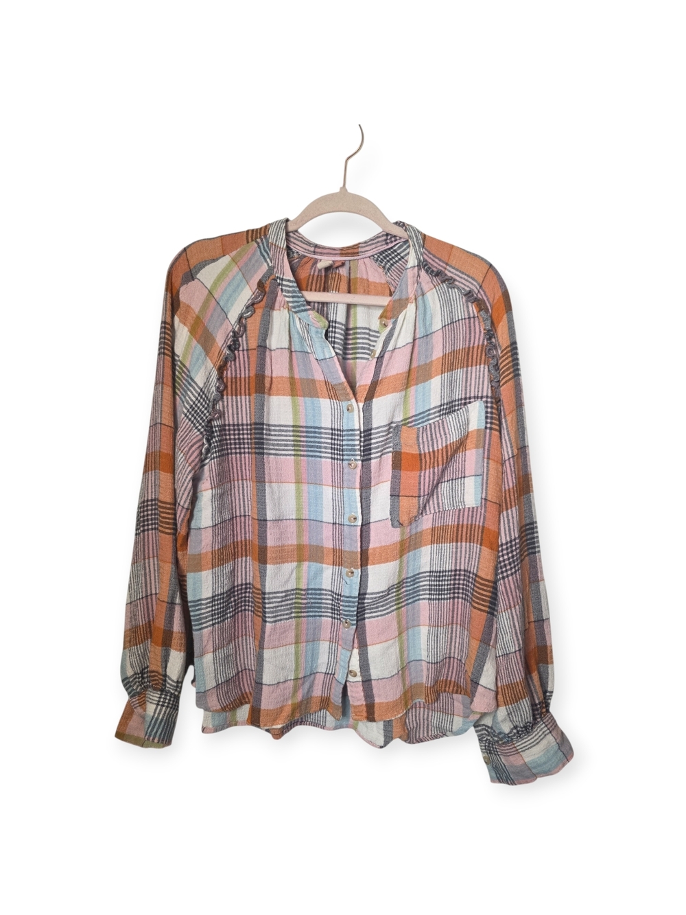 Women's Anthropologie Pilcro plaid, ruffle button-up top, size large
